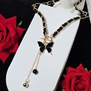 Gold Butterfly Tassel Necklace – Front Toggle Collarbone Black Enamel Y2K Edgy
